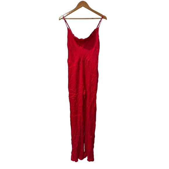 KARINA GRIMALDI Red Silk Blend Cowl‎ Neck Spaghetti Strap Wide Leg Jumpsuit